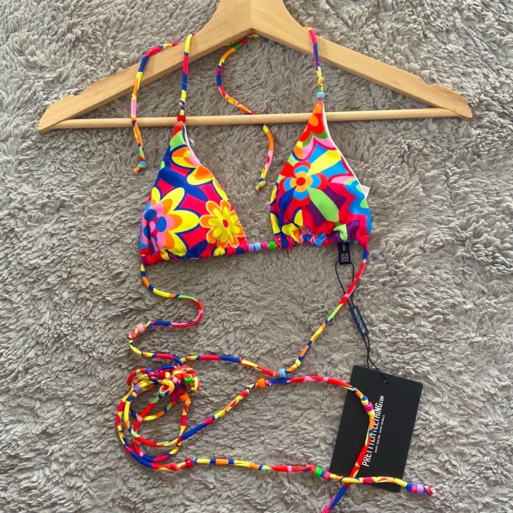 Floral Beaded Wrap Waist Triangle Bikini Top
